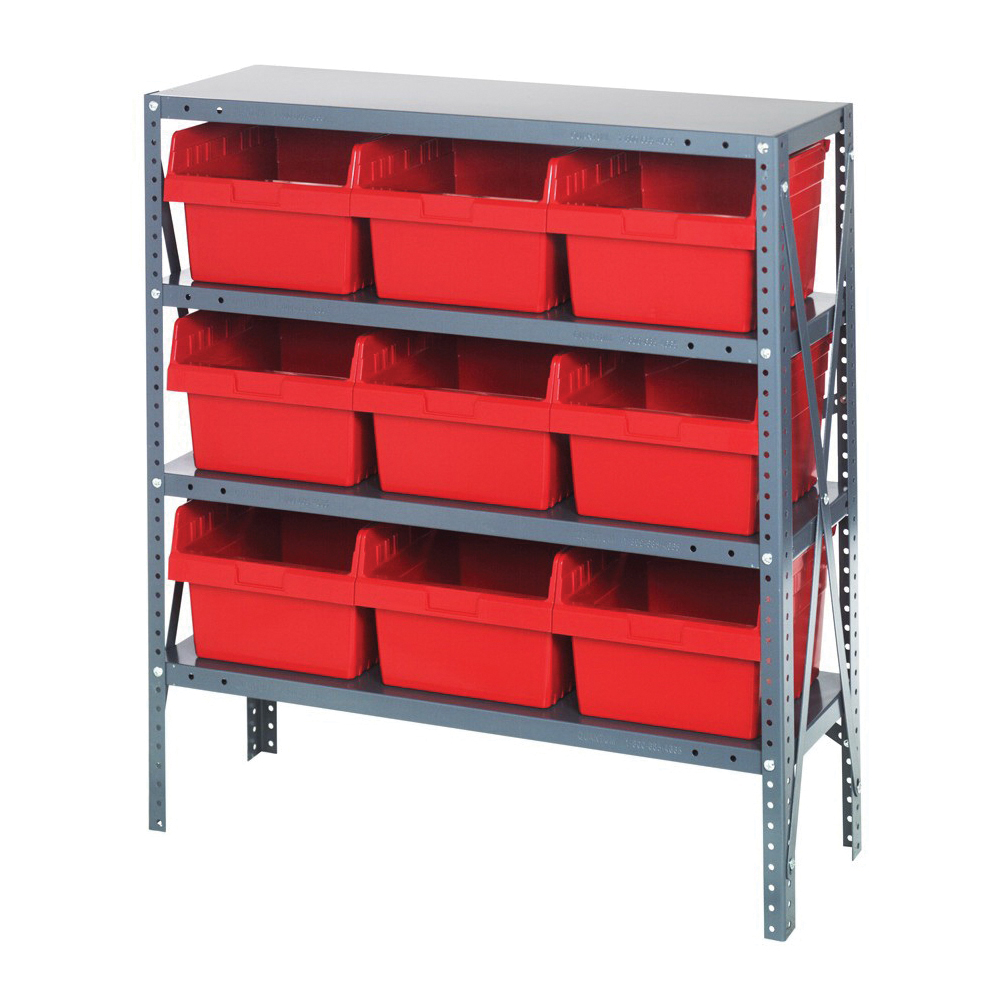 Store-More 1239-SB809RD Bin Shelving System, 39 in H x 36 in W x 12 in D, 4 Shelves, 9 Bins