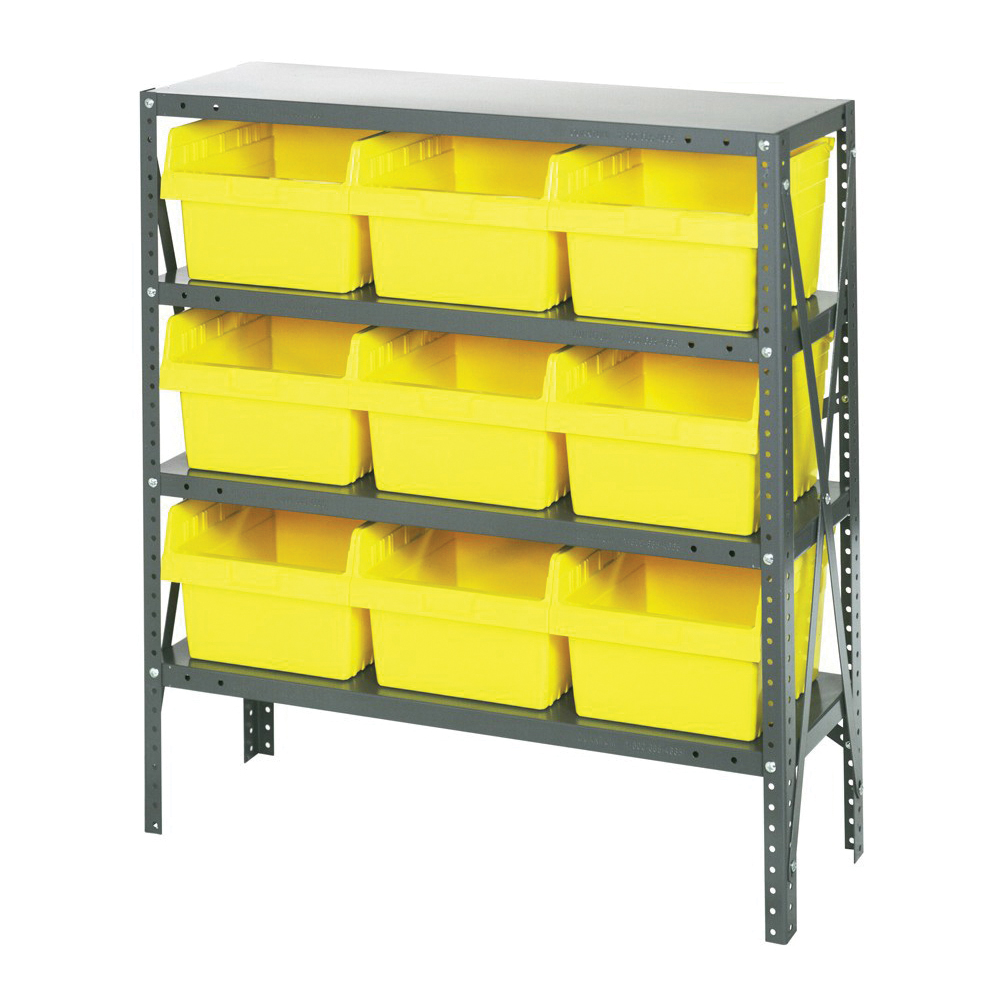 Store-More 1239-SB809YL Bin Shelving System, 39 in H x 36 in W x 12 in D, 4 Shelves, 9 Bins