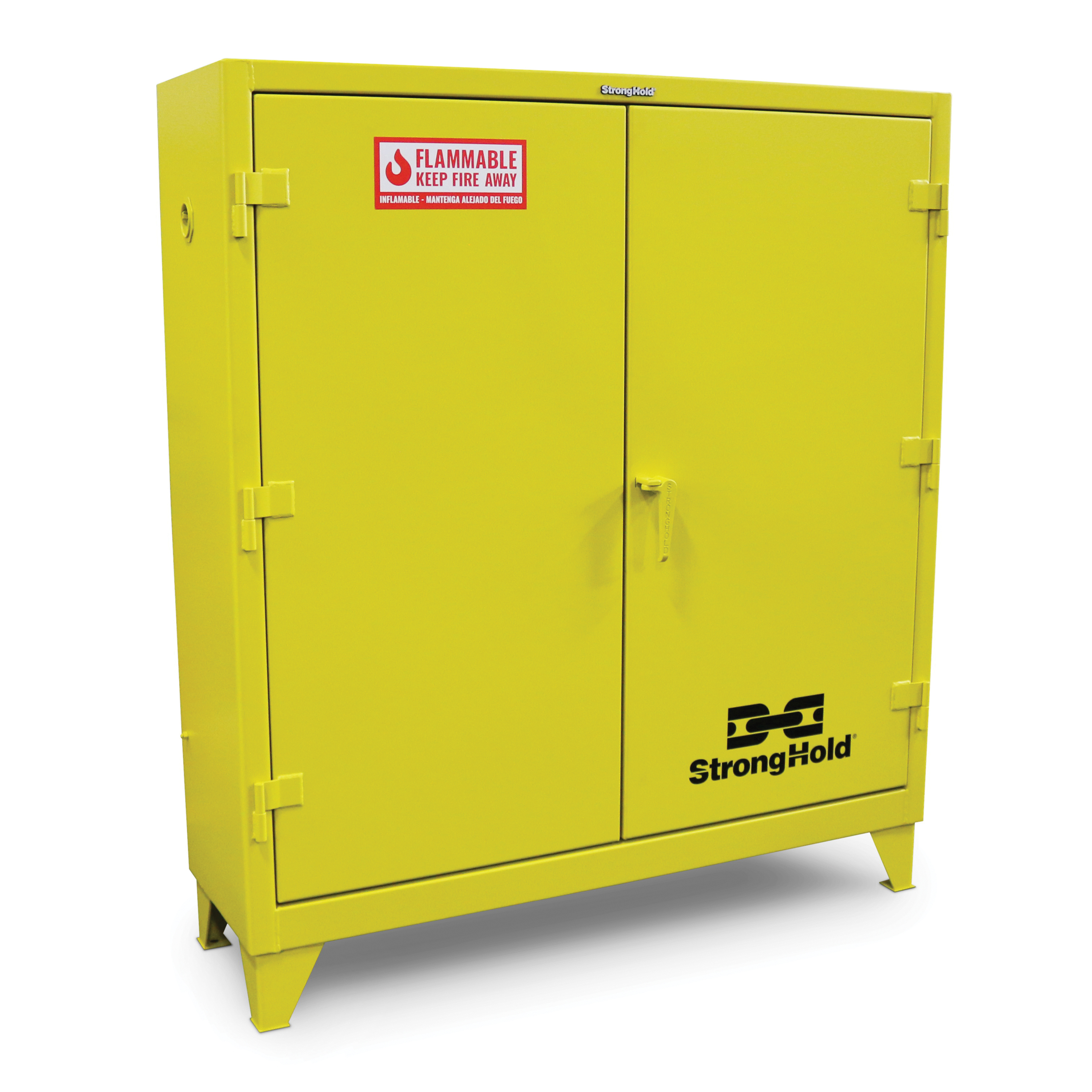 Strong Hold 110.5DSC Drum Storage Cabinet, 110 gal Capacity, Built-In Hasp Handle, 72 in H x 58 in W x 30 in D, Manual Door, 2 Doors, Steel, Yellow