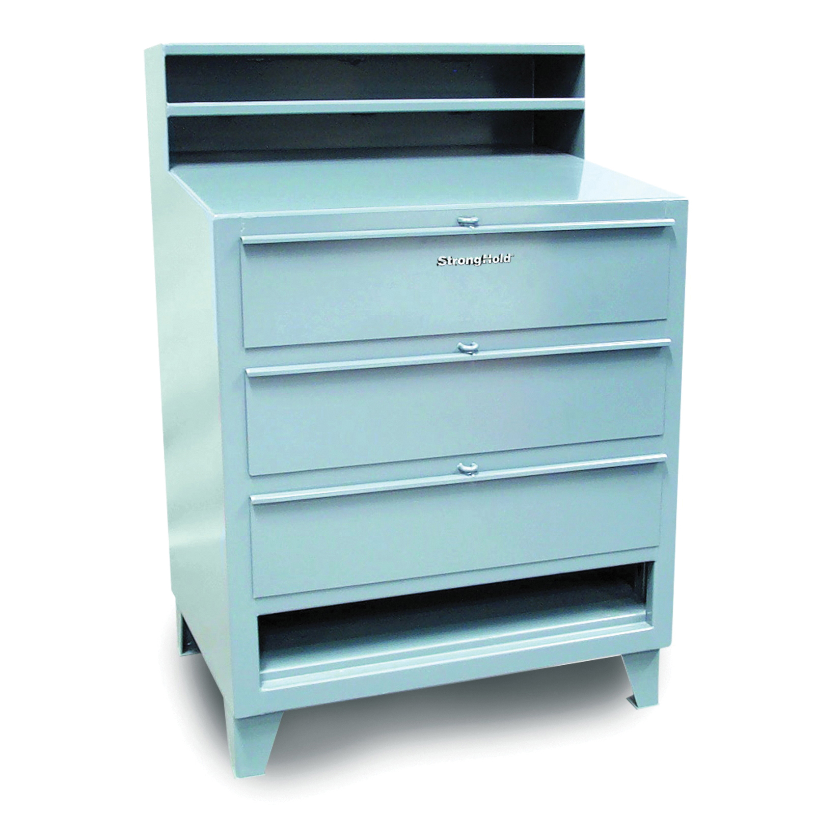 Strong Hold 34-SD-280-3DB Heavy Duty Wall Mounted Industrial Shop Desk With Drawer and Paper Holder Shelf, 54 in H x 36 in W x 28 in D, 3 Drawers