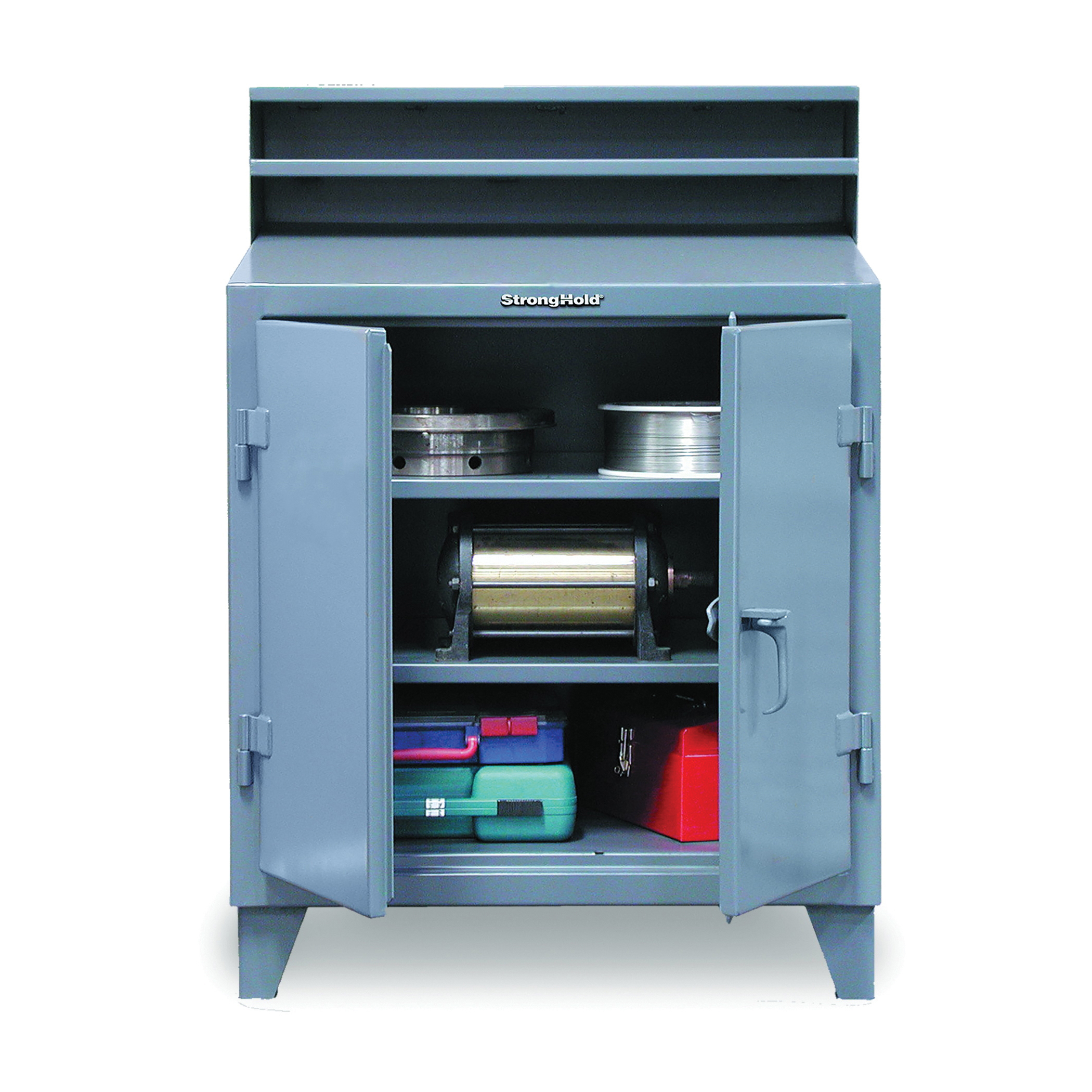 Strong Hold 34-SD-282 Heavy Duty Industrial Shop Desk With Lockable Storage and Paper Holder Shelf, 54 in H x 36 in W x 28 in D