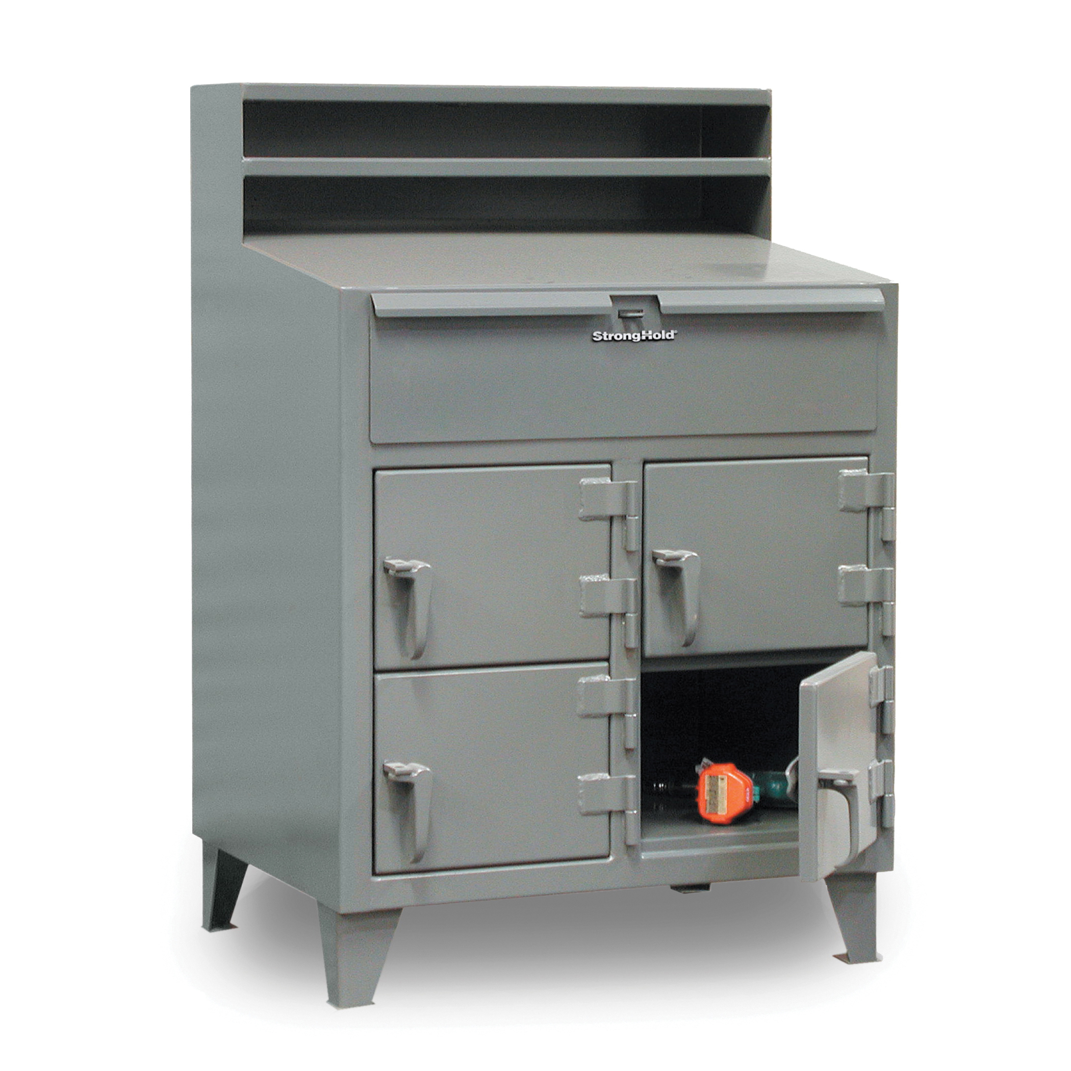 Strong Hold 34-SD-4D-TD-280 Heavy Duty Industrial Shop Desk With Compartments and Paper Holder Shelf, 54 in H x 36 in W x 28 in D, 1 Pedestals, 1 Drawers