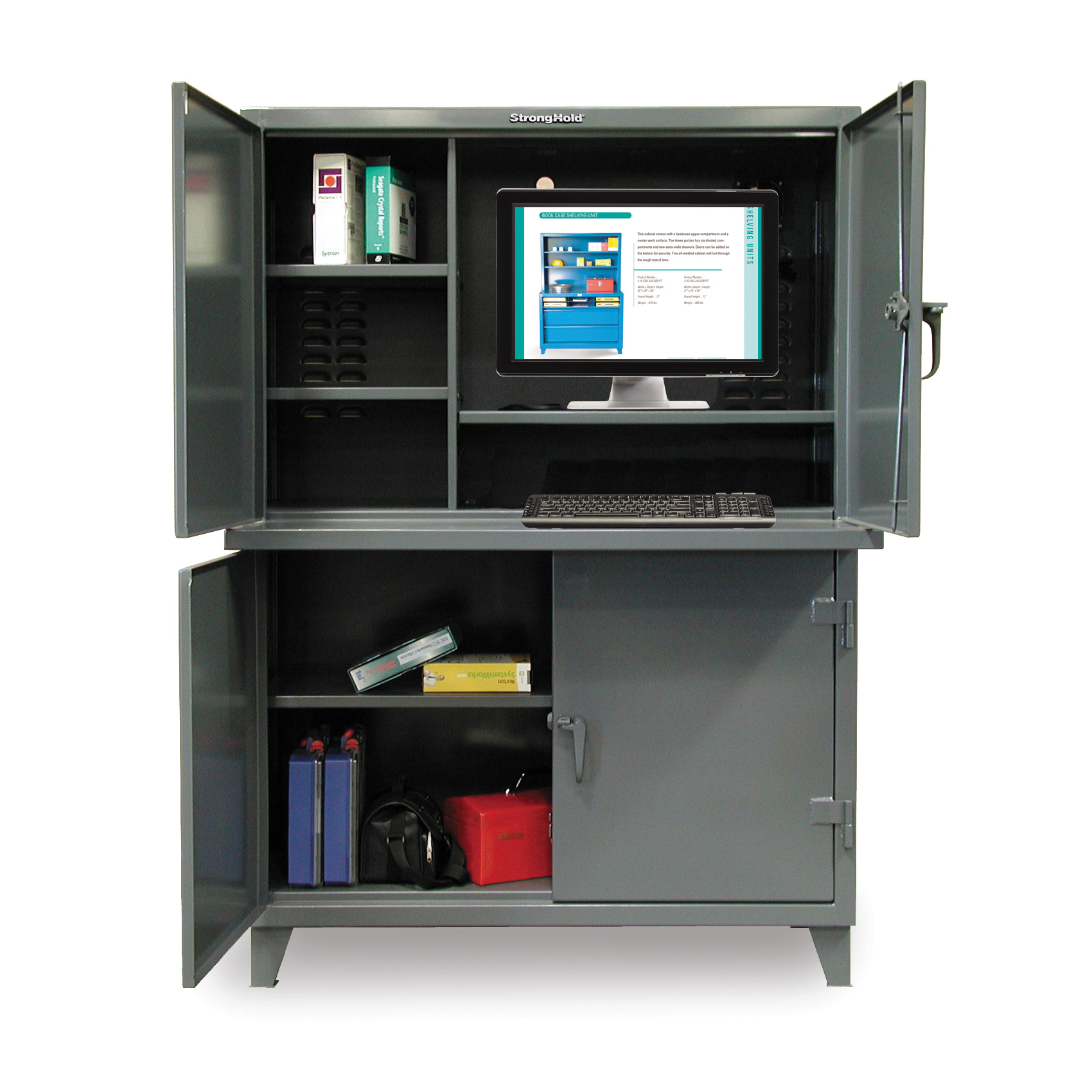 Strong Hold 4.56-CC-244 Heavy Duty Multi-Compartment Industrial Computer Cabinet With Welded Shelf, 72 in H x 54 in W x 24 in D