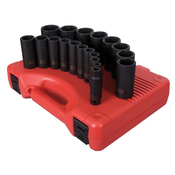 Sunex 2641 Impact Socket Set, Imperial, 6 Points, 1/2 in Drive, 19 Pieces, Included Socket Size: 3/8 to 1-1/2 in, Blow Mold Case Container