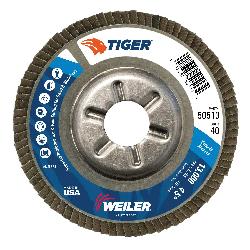 Tiger 50513V Close Premium Standard Density Vending Ready Coated Abrasive Flap Disc, 4-1/2 in Dia Disc, 7/8 in Center Hole, 40 Grit, Coarse Grade, Zirconia Alumina Abrasive, Type 29/Angled Disc