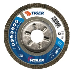 Tiger 50514V Close Premium Vending Ready Coated Abrasive Flap Disc, 4-1/2 in Dia Disc, 7/8 in Center Hole, 60 Grit, Medium Grade, Zirconia Alumina Abrasive, Type 29/Angled Disc