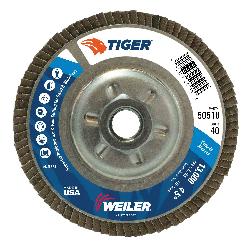 Tiger 50518V Close Premium Standard Density Vending Ready Coated Abrasive Flap Disc, 4-1/2 in Dia Disc, 40 Grit, Coarse Grade, Zirconia Alumina Abrasive, Type 29/Angled Disc