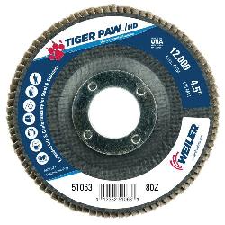 Tiger Paw 51063 Performance Super High Density Abrasive Flap Disc, 4-1/2 in Dia Disc, 7/8 in Center Hole, 80 Grit, Medium Coarse Grade, Zirconia Alumina Abrasive, Type 29/Angled Disc