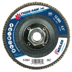 Tiger Paw 51064 Performance Super High Density Abrasive Flap Disc, 4-1/2 in Dia Disc, 36 Grit, Zirconia Alumina Abrasive, Type 29/Angled Disc