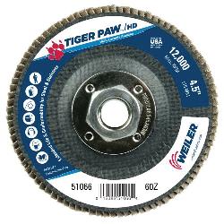Tiger Paw 51066 Performance Super High Density Abrasive Flap Disc, 4-1/2 in Dia Disc, 60 Grit, Coarse Grade, Zirconia Alumina Abrasive, Type 29/Angled Disc