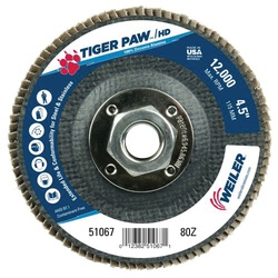Tiger Paw 51067 Performance Super High Density Abrasive Flap Disc, 4-1/2 in Dia Disc, 80 Grit, Medium Coarse Grade, Zirconia Alumina Abrasive, Type 29/Angled Disc