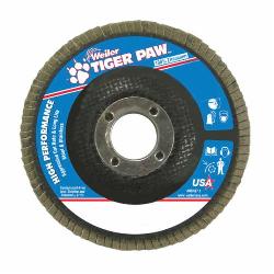Tiger Paw 51107 High Performance Coated Abrasive Flap Disc, 4-1/2 in Dia Disc, 7/8 in Center Hole, 36 Grit, Very Coarse Grade, Zirconia Alumina Abrasive, Type 27/Flat Disc