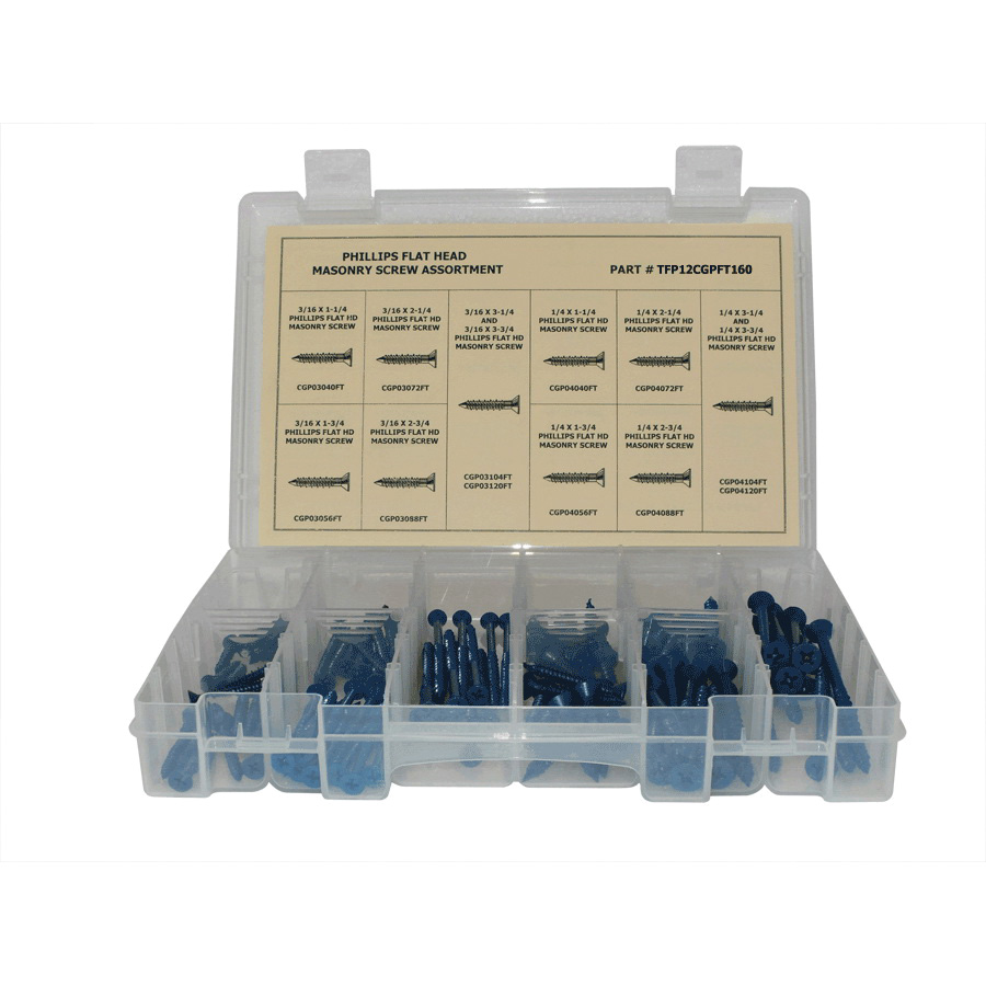 Titan TFP12CGPFT160 Masonary Screw Assortment, Flat Head, Phillips Drive, 160 Pieces