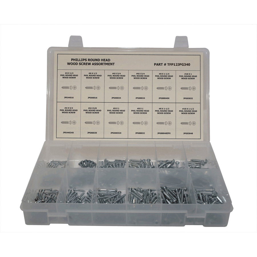 Titan TFP12JPG340 Wood Screw Assortment, Round Head, Phillips Drive, 340 Pieces