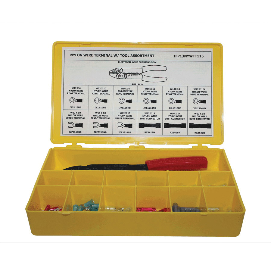 Titan TFP13NYWTT115 Electrical Wire Terminal Assortment With Crimping Tool, 115 Pieces, Nylon