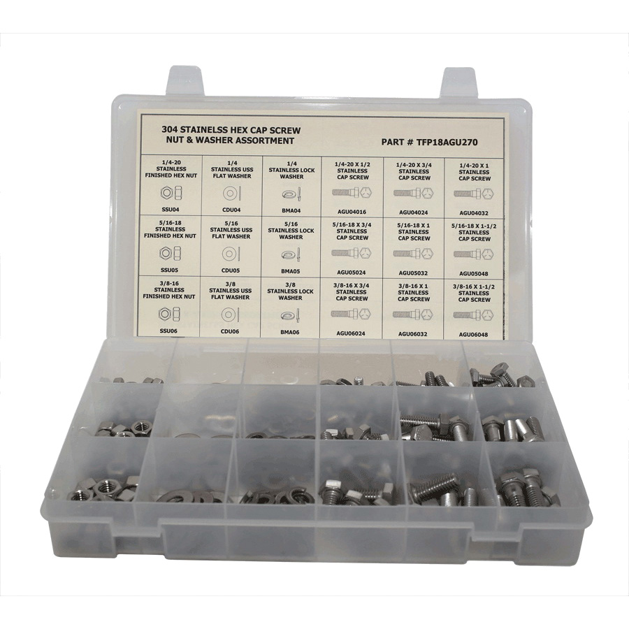 Titan TFP18AGU270 Cap Screw Assortment, 304 Stainless Steel, Hex Head, 270 Pieces