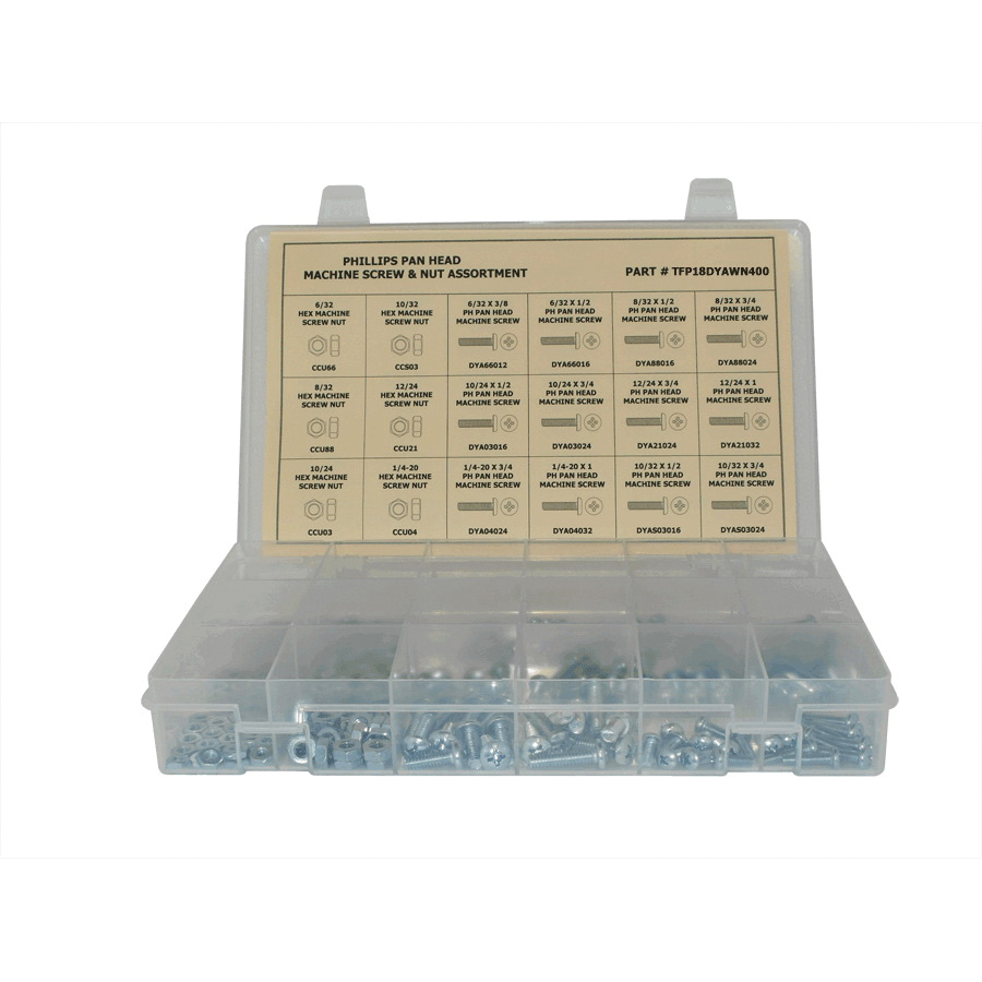 Titan TFP18DYAWN400 Machine Screw and Nut Assortment Kit, Pan Head, Phillips Drive, 400 Pieces