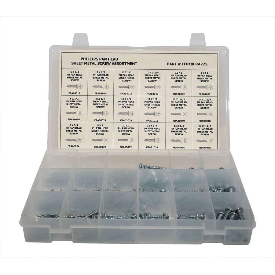 Titan TFP18FRA275 Tapping Sheet Metal Screw Assortment, Pan Head, Phillips Drive, 275 Pieces