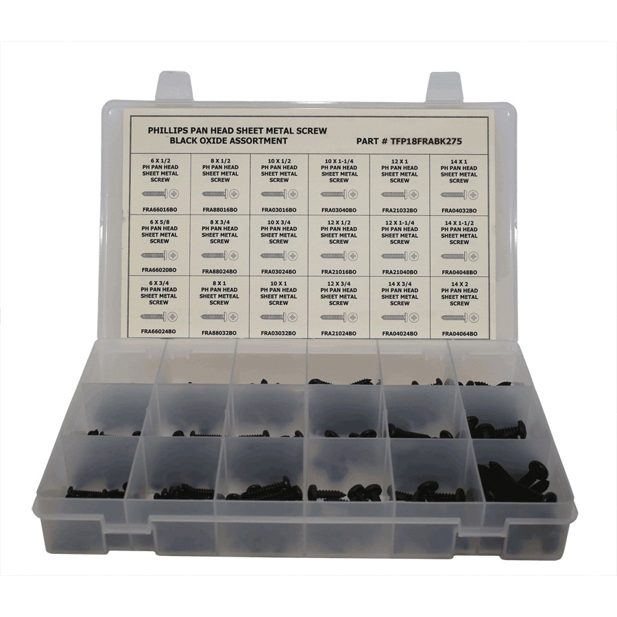 Titan TFP18FRABK275 Tapping Sheet Metal Screw Assortment, Pan Head, Phillips Drive, 275 Pieces