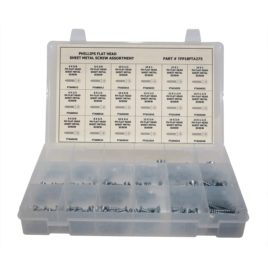Titan TFP18FTA275 Tapping Sheet Metal Screw Assortment, Flat Head, Phillips Drive, 275 Pieces