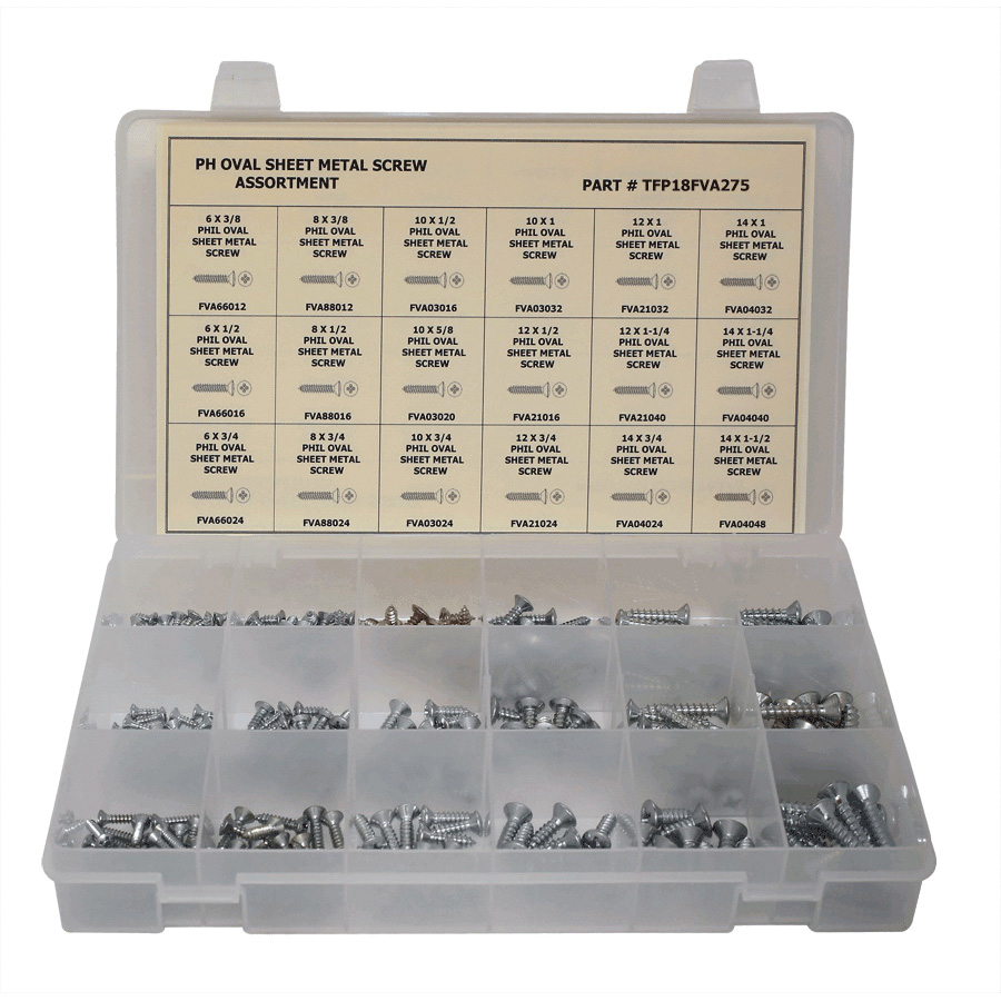 Titan TFP18FVA275 Tapping Sheet Metal Screw Assortment, Oval Head, Phillips Drive, 275 Pieces