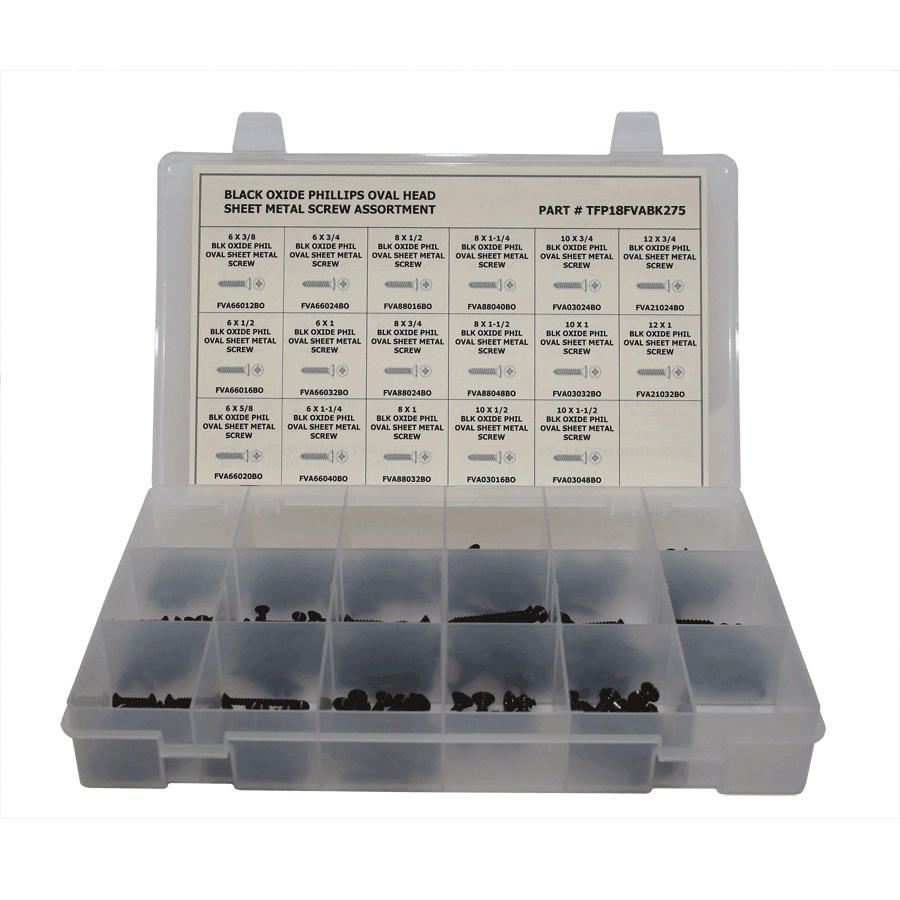 Titan TFP18FVABK275 Tapping Sheet Metal Screw Assortment, Oval Head, Phillips Drive, 275 Pieces