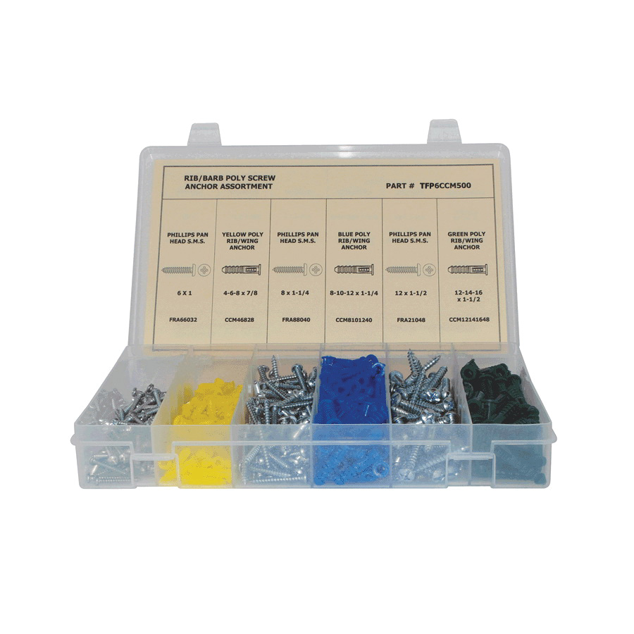Titan TFP6CCM500 Screw Anchor Assortment, 500 Pieces, Barbed Poly/Ribbed