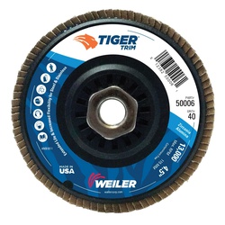 Trimmable Tiger 50006V Vending Ready Coated Abrasive Flap Disc, 4-1/2 in Dia Disc, 40 Grit, Coarse Grade, Zirconia Alumina Abrasive, Type 29/Angled Disc
