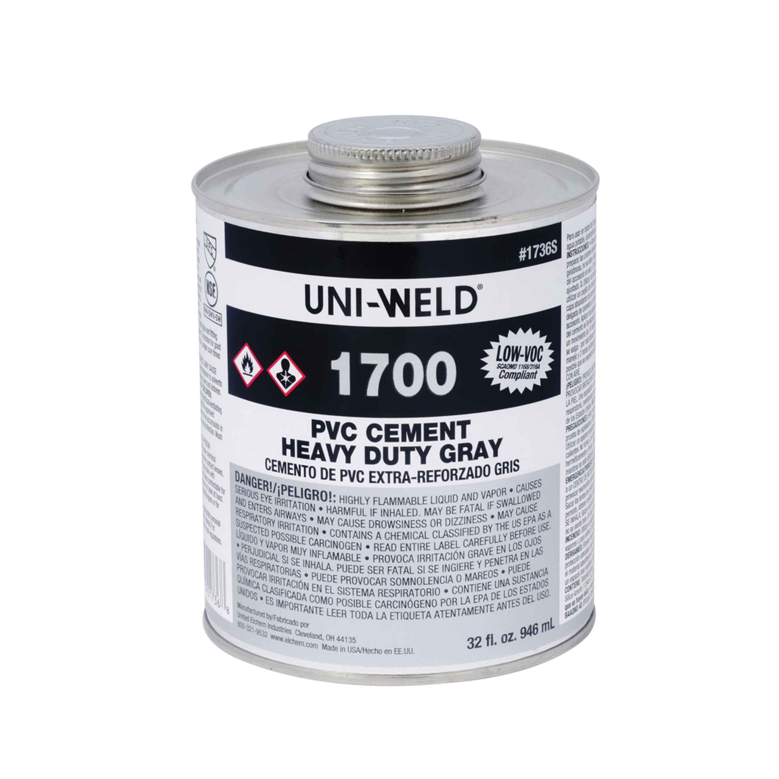 United Elchem 1736S 1700 Heavy Duty Low VOC Viscosity PVC Solvent Cement, 32 oz Container, Gray, For Use With Upto 12 in Dia PVC Pipe and Fittings