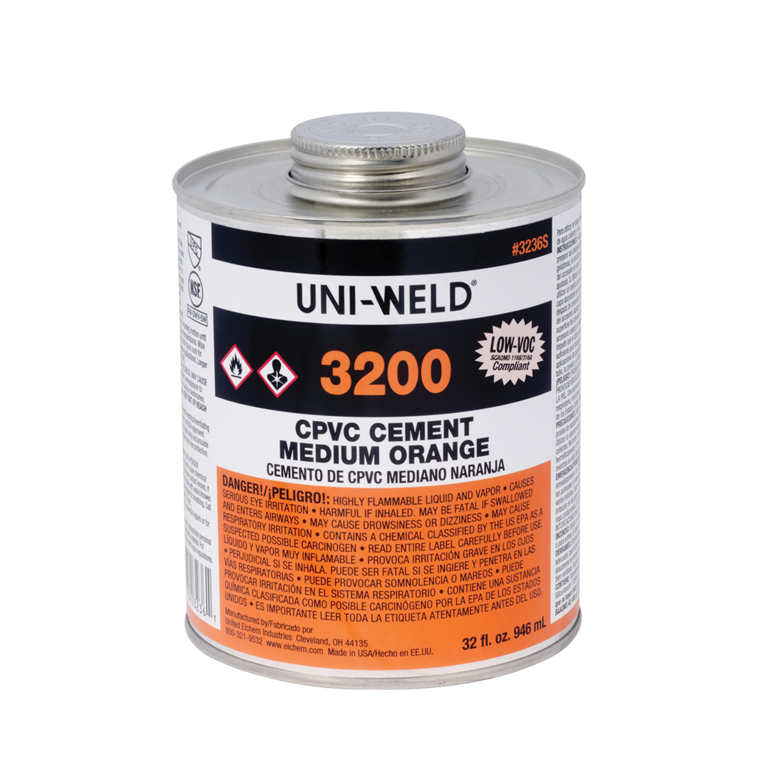 United Elchem 3236S 3200 Low VOC CPVC Solvent Cement, 32 oz Container, Orange, For Use With Upto 6 in Dia CPVC Pipe and Fittings