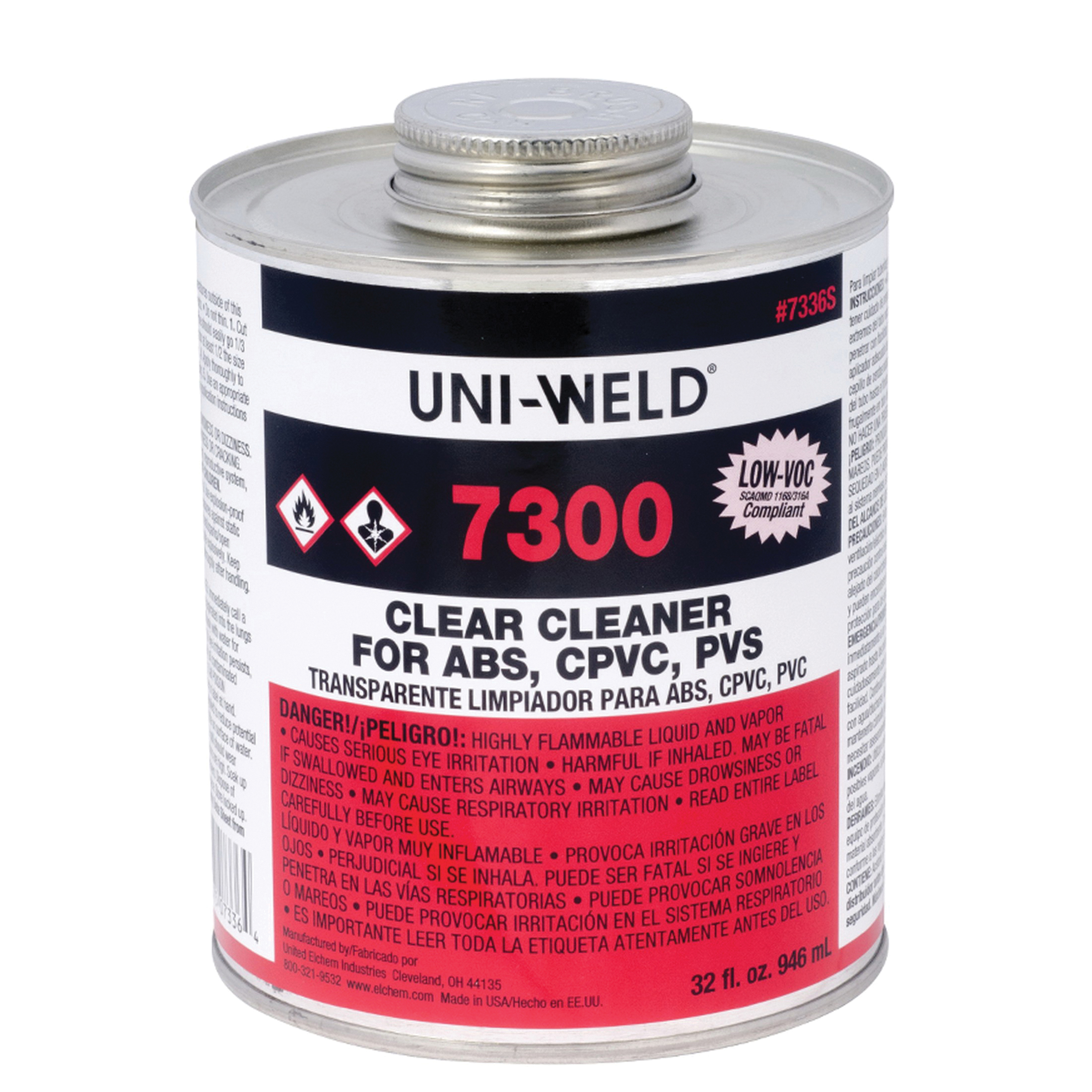 United Elchem 7336S 7300 Low VOC All-Purpose Cleaner, For Use With ABS, PVC and CPVC Pipe and Fittings, Clear, 32 oz Can