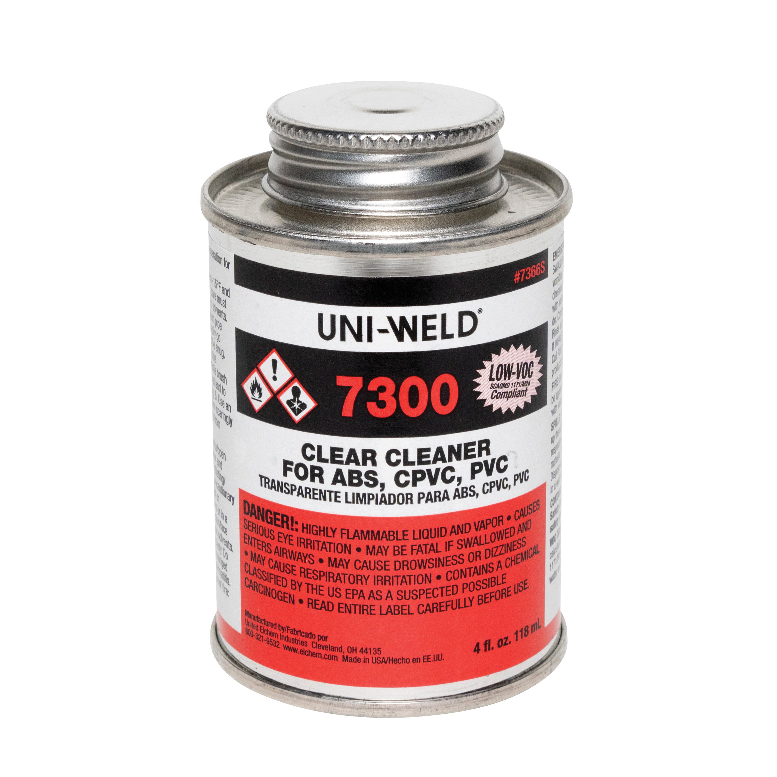 United Elchem 7366S 7300 Low VOC All-Purpose Cleaner, For Use With ABS, PVC and CPVC Pipe and Fittings, Clear, 4 oz Can