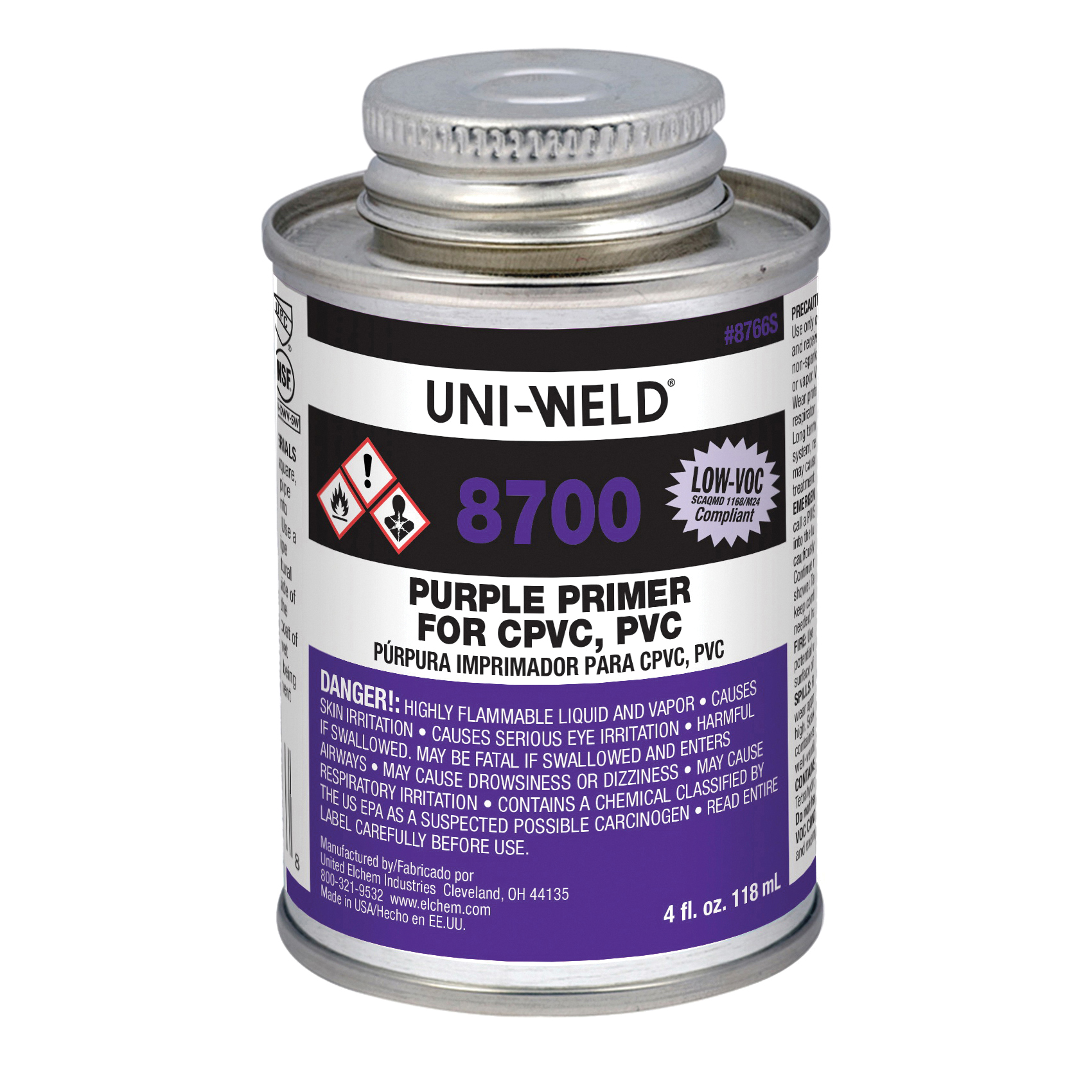 United Elchem 8746S 8700 Hi-Etch Primer, For Use With PVC and CPVC Pipe and Fittings, Purple, 16 oz Container