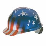 V-Gard 10052945 Hard Hat, SZ 6-1/2 Fits Mini Hat, SZ 8 Fits Max Hat, Polyethylene, 4-Point Fas-Trac III Suspension, ANSI Electrical Class Rating: Class E, ANSI Impact Rating: Type I, American Flag with Stars and Stripes Graphics, Ratchet Adjustment