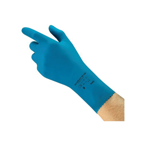 VersaTouch 193577 88-356BT Light Duty Chemical-Resistant Gloves, SZ 7, Ambidextrous Hand, Natural Rubber Latex, Blue, Unlined Lining, 12 in L, Resists: Abrasion, Chemical, Puncture and Snag, Unsupported Support, Pinked Cuff, 13 mil THK