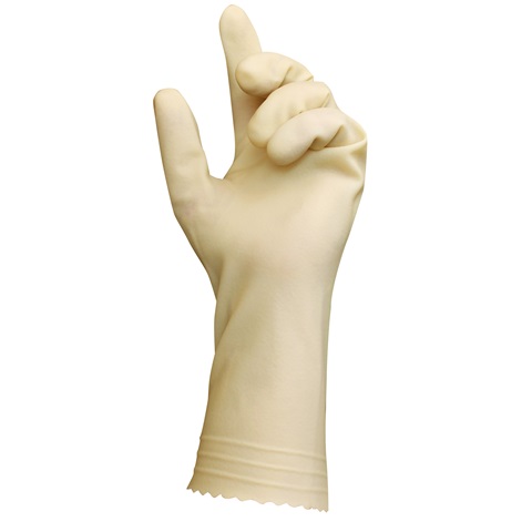 VersaTouch 120145 88-393 Light Duty Chemical-Resistant Gloves, SZ 7, Ambidextrous Hand, Natural Rubber Latex, Natural, Unlined Lining, 12 in L, Resists: Abrasion, Chemical, Puncture and Snag, Unsupported Support, Pinked Cuff, 17 mil THK
