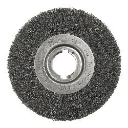 Weiler 01049 Narrow Face Wheel Brush, 6 in Dia Brush, 3/4 in W Face, 0.008 in Dia Crimped Filament/Wire, 1-1/4 in Arbor Hole
