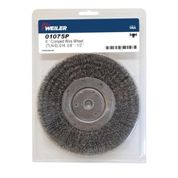 Weiler 01075P Narrow Face Wheel Brush, 6 in Dia Brush, 3/4 in W Face, 0.014 in Dia Crimped Filament/Wire, 1/2 to 5/8 in Arbor Hole