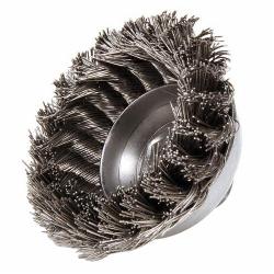 Mighty-Mite 13163 Single Row Cup Brush, 3-1/2 in Dia Brush, 5/8-11 UNC Arbor Hole, 0.023 in Dia Filament/Wire, Standard/Twist Knot, Stainless Steel Fill