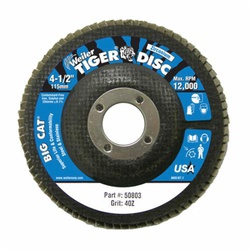 Big Cat 50803 Close High Density Premium Coated Abrasive Flap Disc, 4-1/2 in Dia Disc, 7/8 in Center Hole, 40 Grit, Coarse Grade, Zirconia Alumina Abrasive, Type 27/Flat Disc