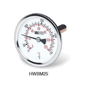 Weiss Instrument HWBM25 Hot Water Bimetal Round Face Dial Thermometer, 2-1/2 in, 1/2 in NPT, 2-1/2 in L Stem, 32 to 250 deg F