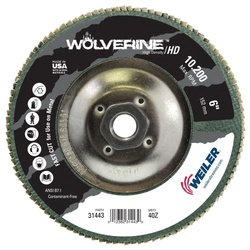 Wolverine 31443 Value High Density Abrasive Flap Disc, 6 in Dia Disc, 40 Grit, Coarse Grade, Zirconia Alumina Abrasive, Type 27/Flat Disc