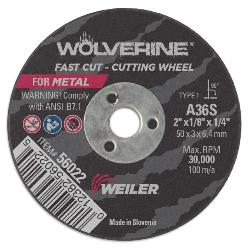 Wolverine 56022 Flat Fast Cut Cutting Wheel, 2 in Dia x 1/8 in THK, 1/4 in Center Hole, 36 Grit, Aluminum Oxide Abrasive