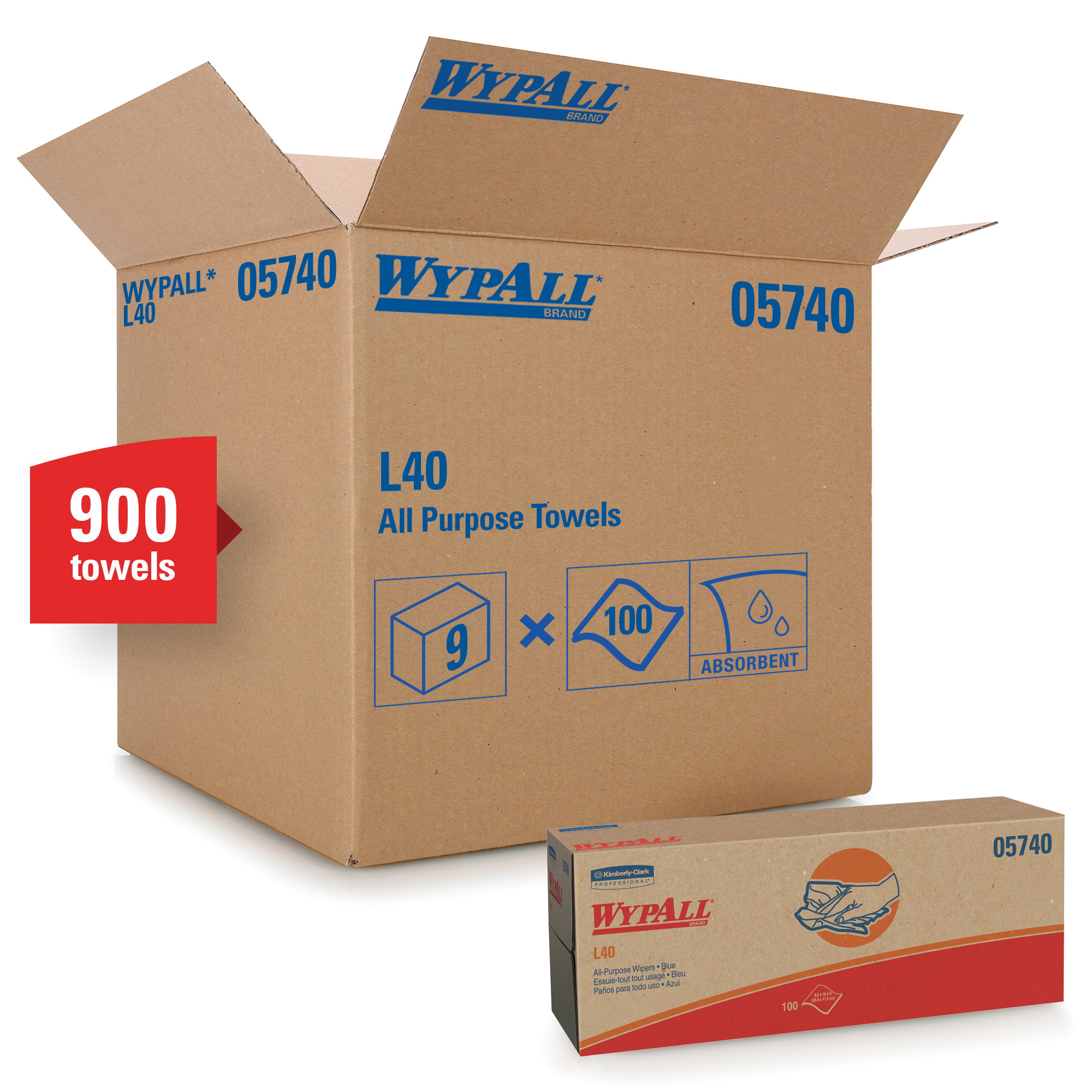 WypAll* 05740 L40 America's Favorite General Purpose Wiper, 16.4 x 9.8 in, 100 Wipes Capacity, Double Re-Creped, Blue