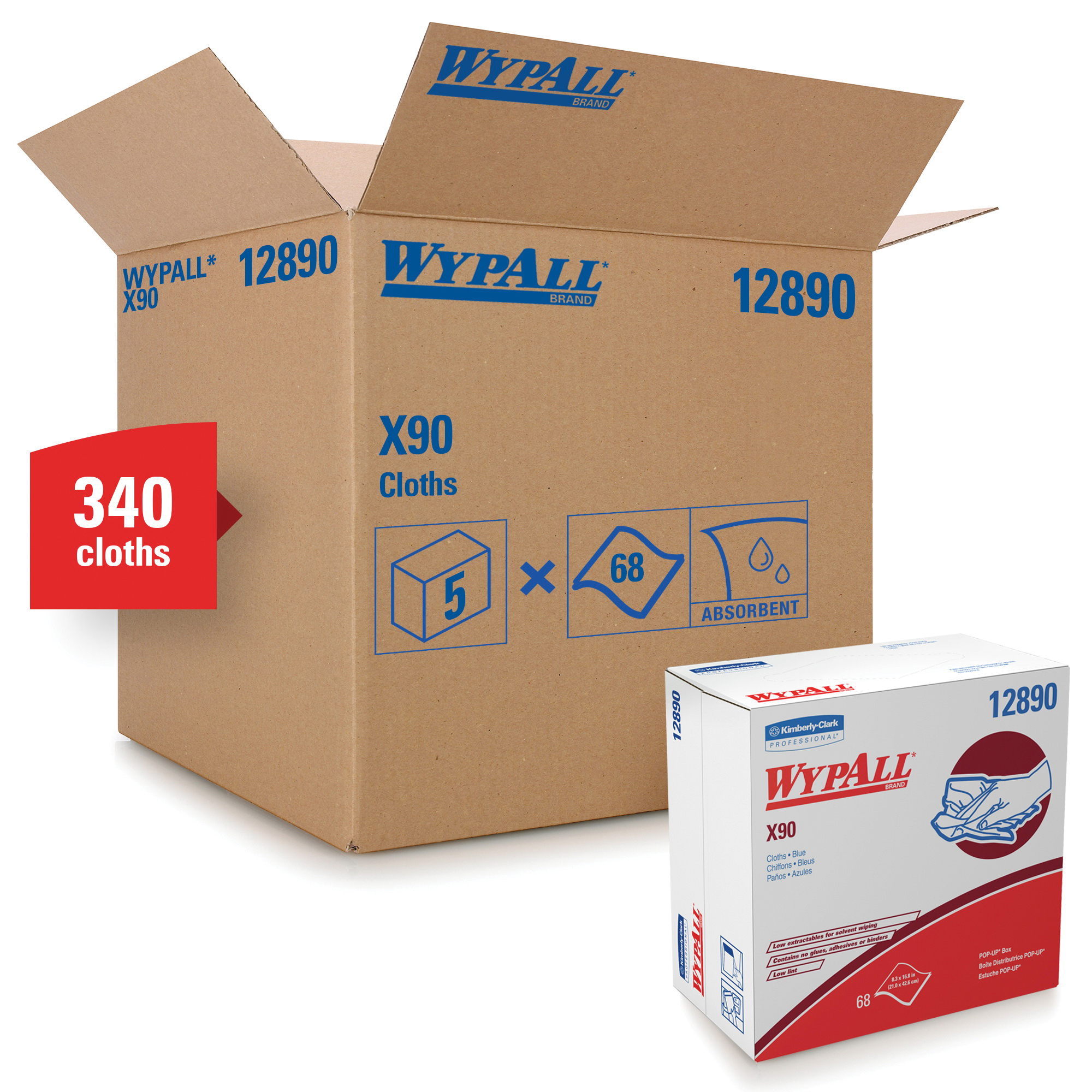 WypAll* 12890 X90 Low Lint Cleaning Cloth, 16.8 x 8.3 in, 68 Sheets Capacity, Hydroknit*, Denim Blue
