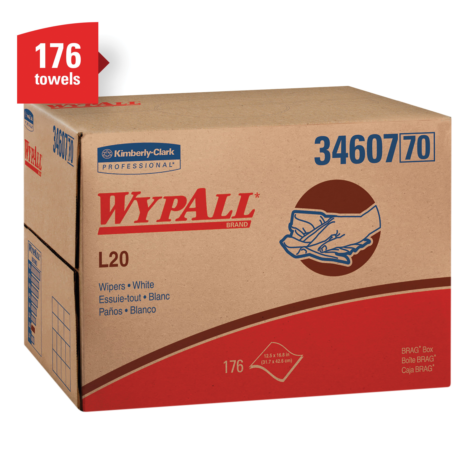 WypAll* 34607 L20 Single Use Cleaning Wiper, 16.8 x 12.5 in, 176 Sheets Capacity, Paper, White