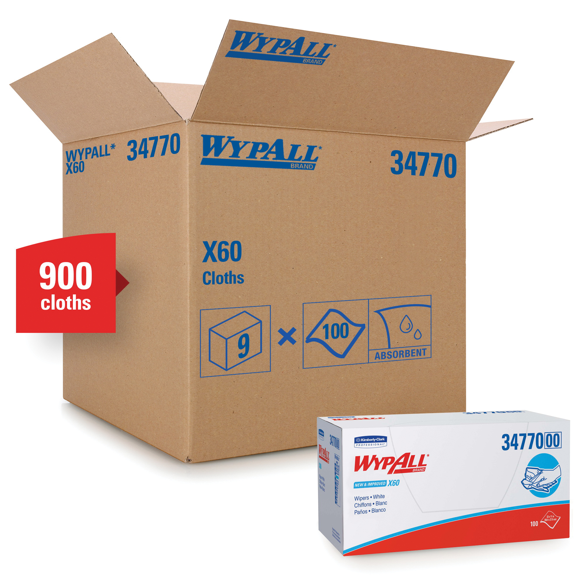 WypAll* 34770 X60 Lightweight General Purpose Wiper, 23 x 11 in, 100 Sheets Capacity, Hydroknit*, White