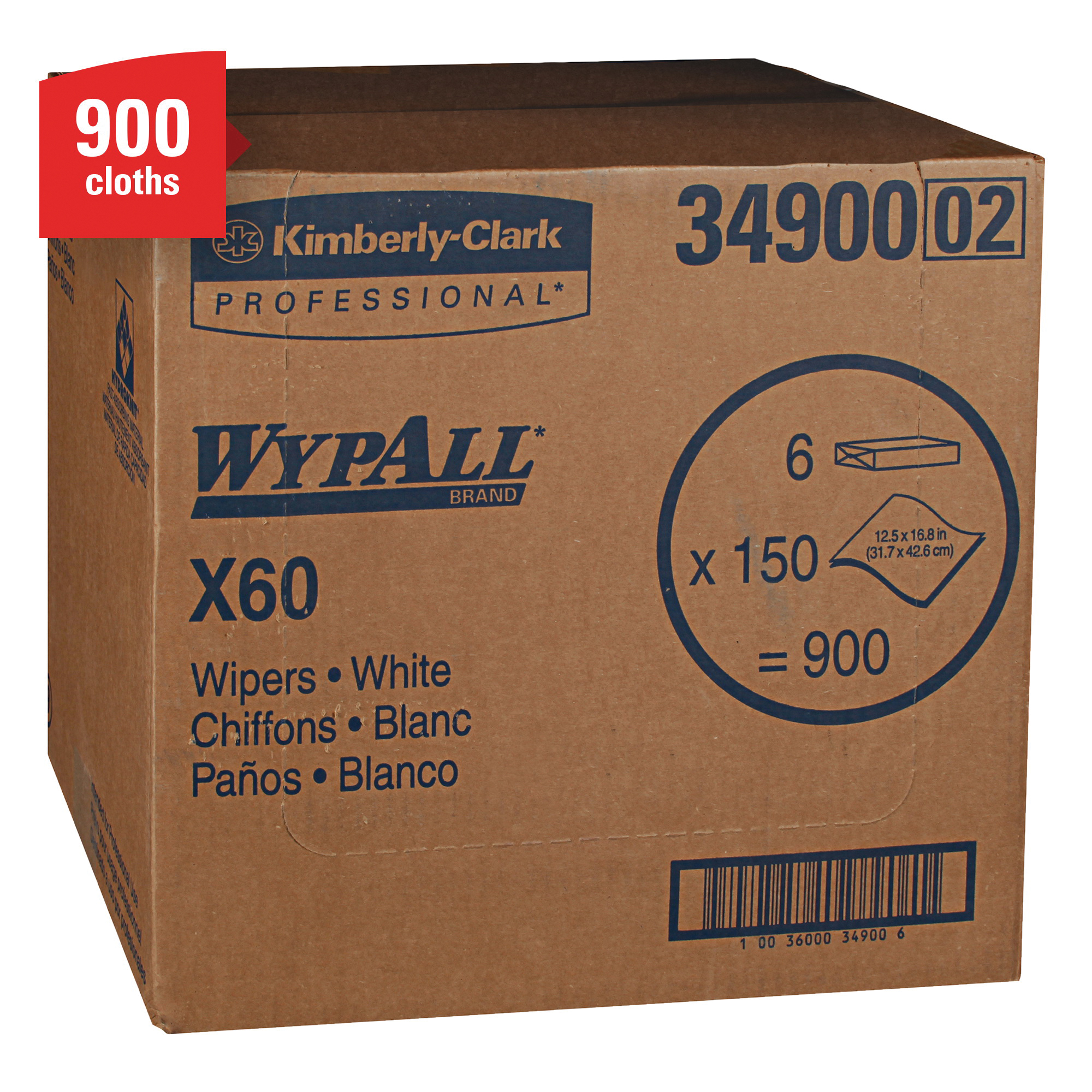 WypAll* 34900 X60 Lightweight General Purpose Wiper, 16.8 x 12.5 in, 150 Sheets Capacity, Hydroknit*, White