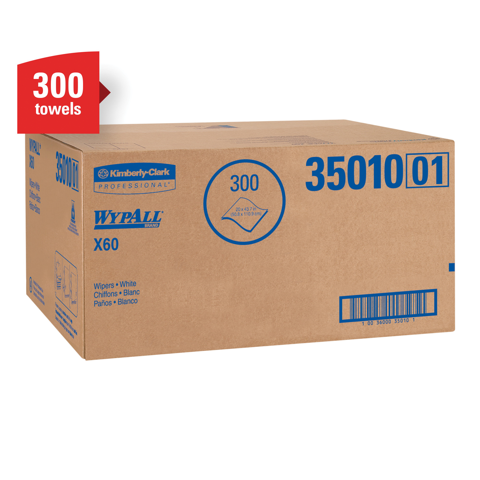 WypAll* 35010 X60 Hygienic Shower Towel, 43.7 x 20 in, 100 Sheets Capacity, Hydroknit*, White