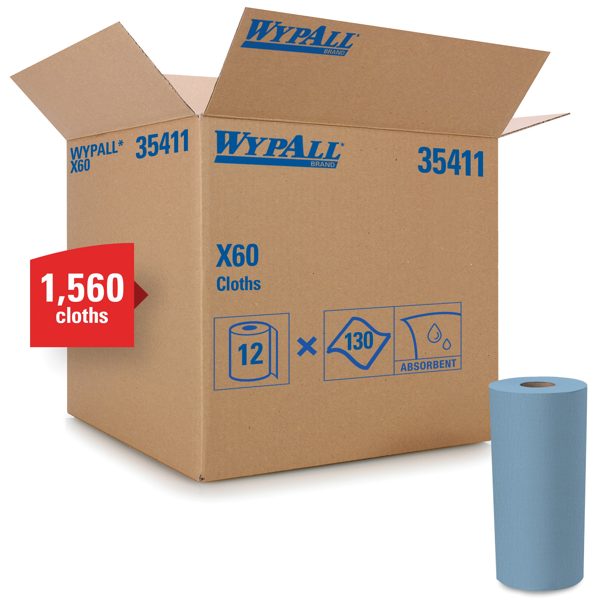 WypAll* 35411 X60 Lightweight General Purpose Wiper, 13.4 x 9.8 in, 130 Sheets Capacity, Hydroknit*, Blue